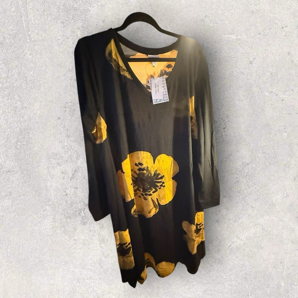 Lularoe Emily Dress Size 2XL NWT Black And Mustard Yellow Floral Print